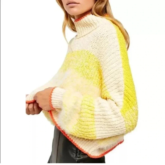 Free People Sunbrite yellow/orange whimsical Mock Neck Sweater size Medi… - Picture 2 of 7